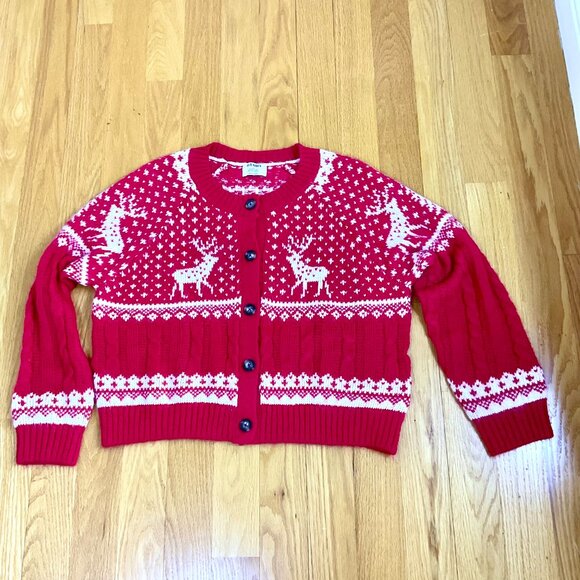 Old Navy Sweater Cardigan Holiday Red White Reindeer Fair Isle 2023 (XL) - Picture 4 of 8